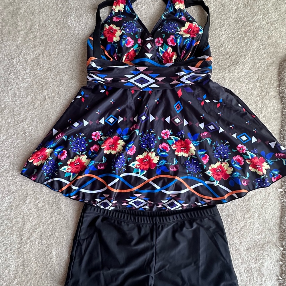 Floral Patterned Swim Tankini Dress with Black Bottoms
